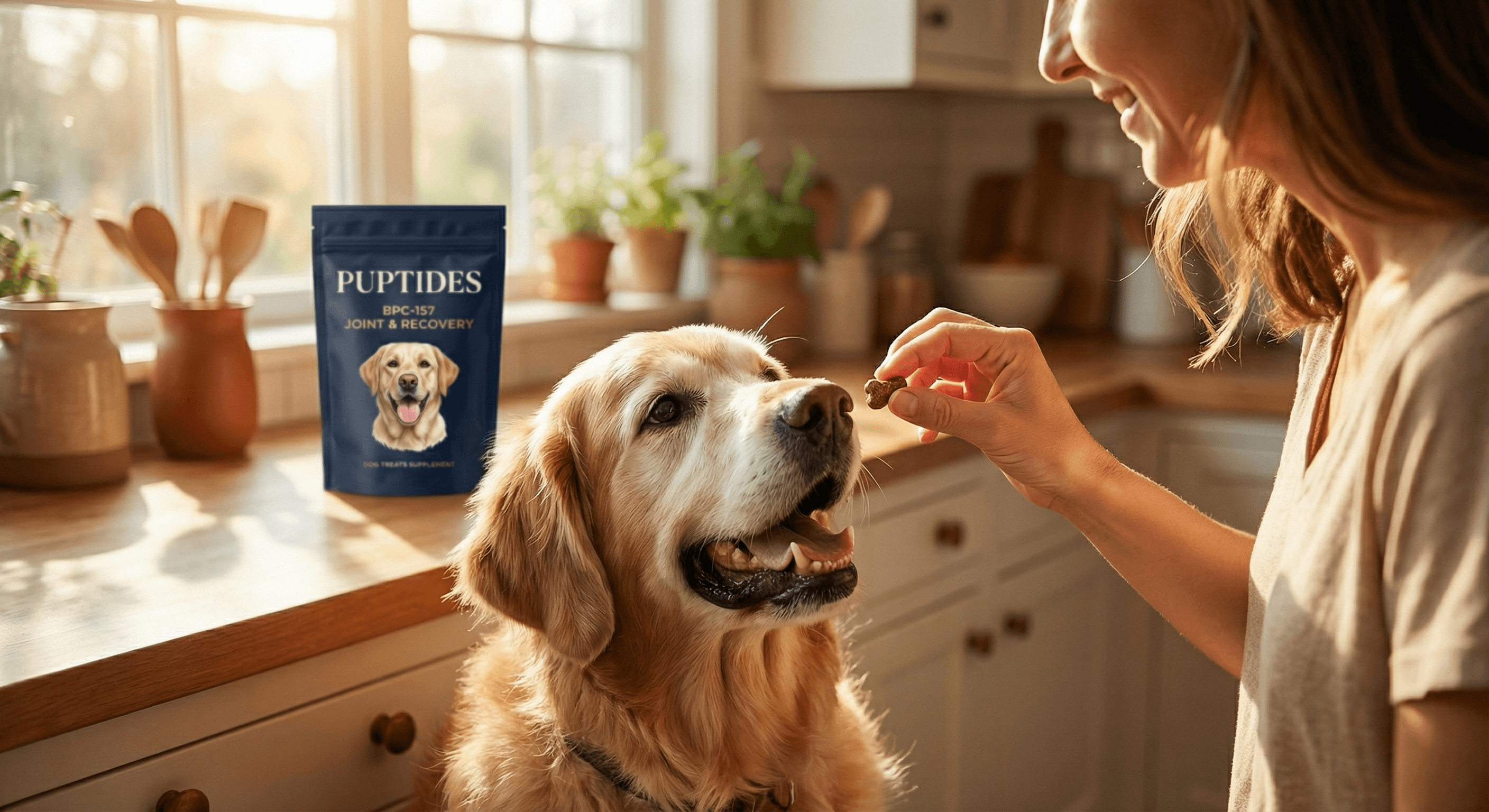 Owner feeding a Puptides BPC-157 treat to golden retriever