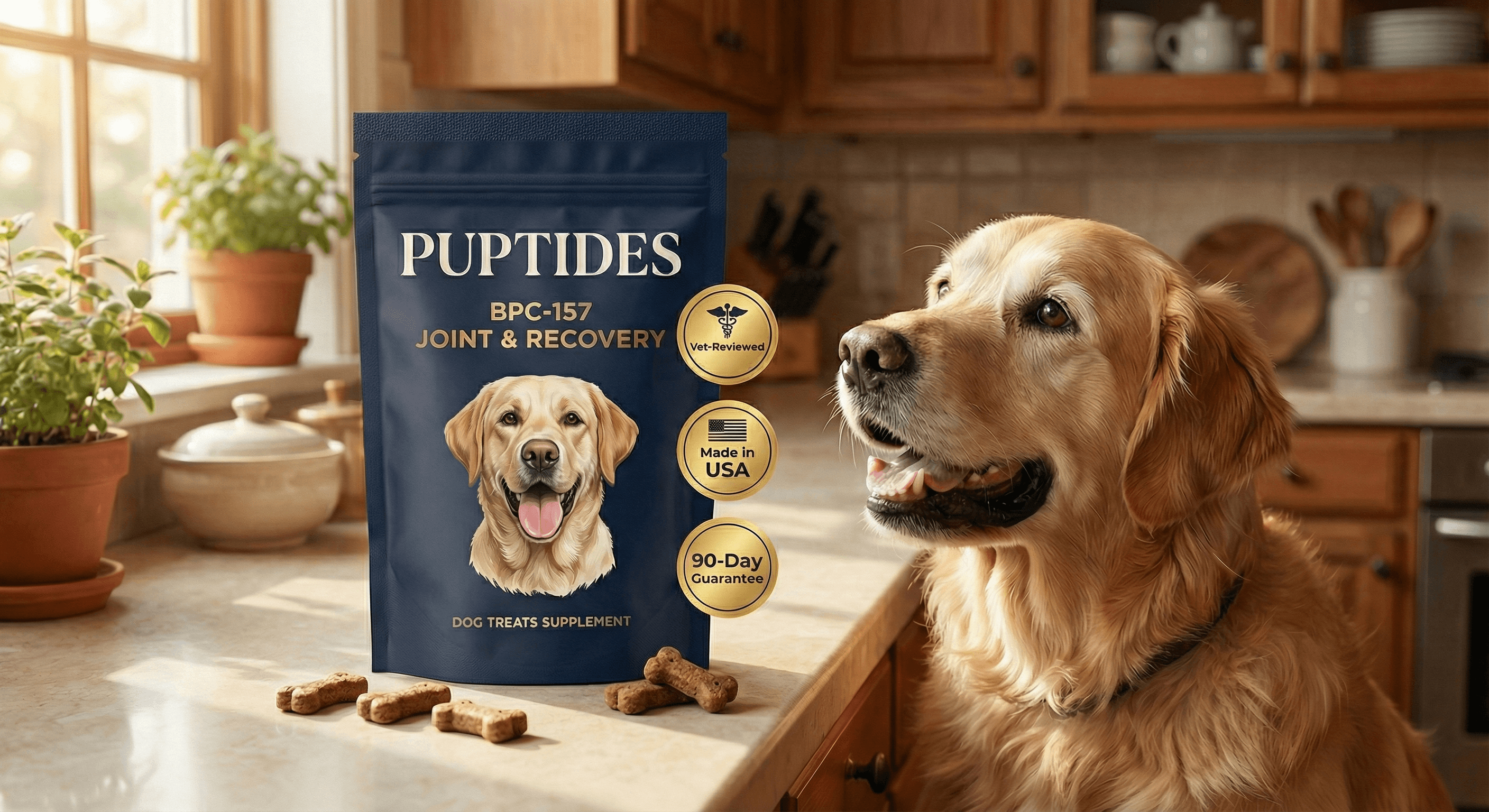 Puptides BPC-157 Joint & Recovery pouch with golden retriever in kitchen